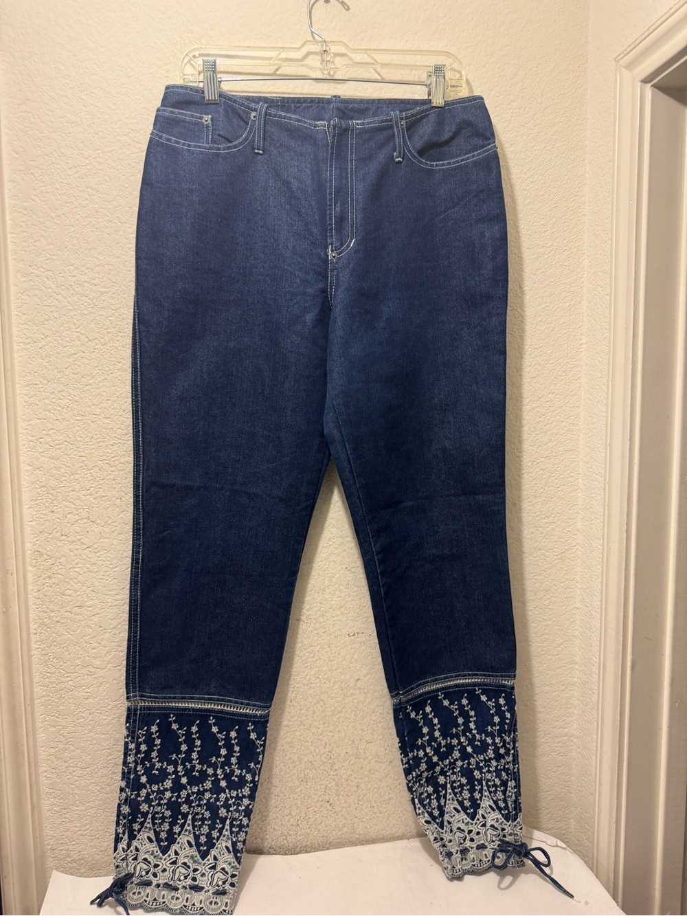 Jean Paul Gaultier Dark Blue Cropped Jeans with White Embroidered Ankles